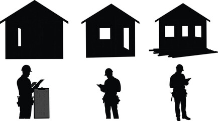 Silhouette of construction workers inspecting house framework, taking notes and checking building plans, home construction and inspection process illustration