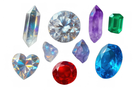 Various gemstones and minerals in different shapes and colors on a checkerboard background, representing wealth and jewelry