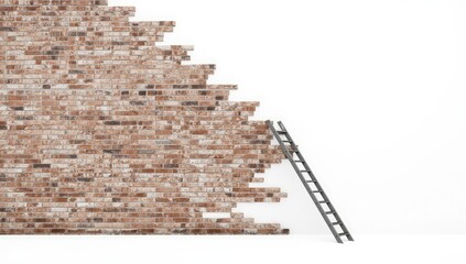Obraz premium Partial brick wall with ladder leaning against white background, minimalist construction progress concept, isolated