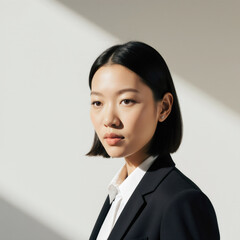 
Thoughtful corporate portrait of a short-haired Asian businesswoman in a suit