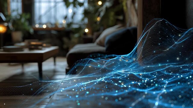 A cozy living room with a couch and a table. Close-up of cyber minimal holographic future AI energy map floating over cozy interior, off grid autonomy visualization, off grid smart home