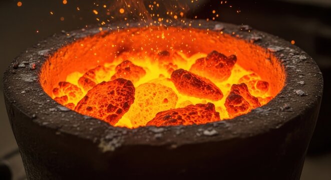 Crucible filled with intensely glowing, burning, hot coals and sparks