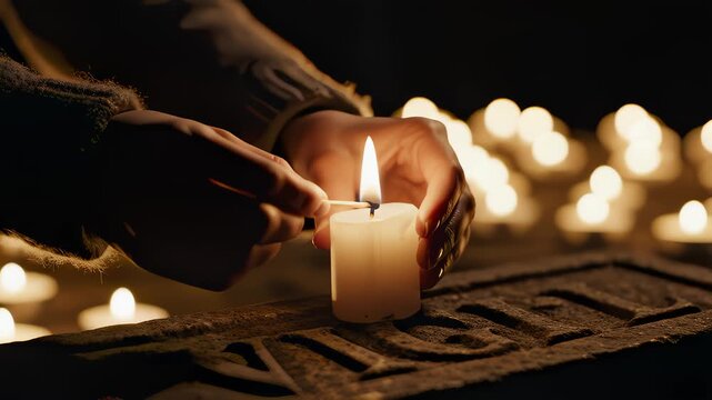 Person Lights a Candle at a Dark Memorial Service or Grave Site