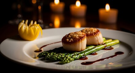 Elegant Seared Scallops with Asparagus and Lemon Garnish, Illuminated by Romantic Candlelight.