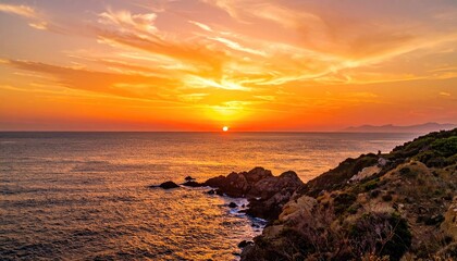 Vibrant orange and yellow sunset over a calm ocean casting golden reflections on water with silhouetted rocky coastline and distant hills under a dramatic sky