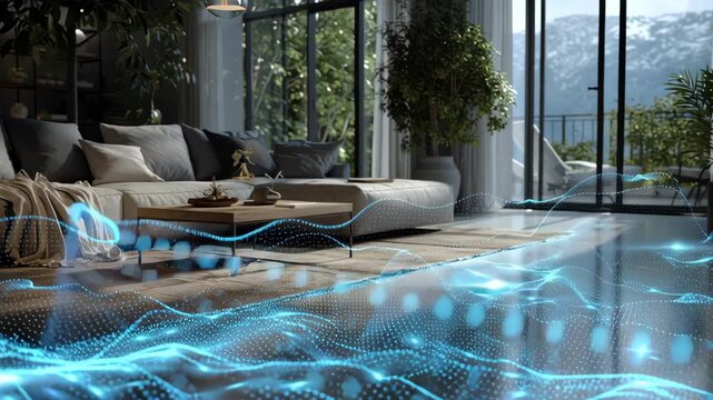 A living room with a couch, a coffee table. Close-up of cyber minimal holographic future AI energy map floating over cozy interior, off grid autonomy visualization, off grid smart home