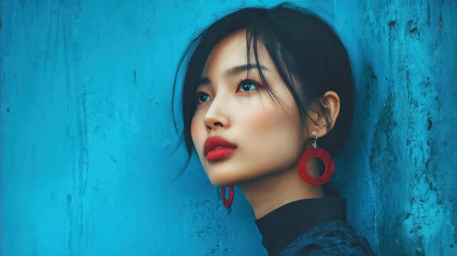 Stunning portrait of a woman with red earrings against a vibrant blue wall