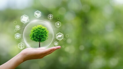 Hand holding a vibrant green tree surrounded by digital environmental icons symbolizing sustainability