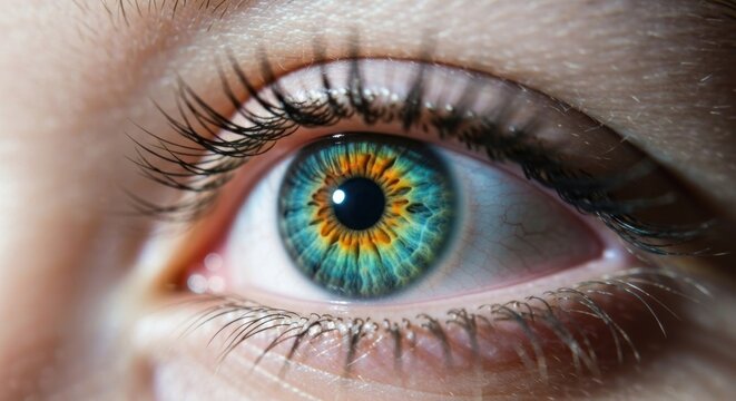 Extreme close-up of a human eye with striking blue, green, and orange colors - Powered by Adobe