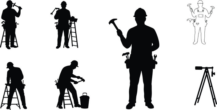 Silhouette of construction workers using hammers, standing on ladders, concept of repair, building, craftsmanship, labor, safety, and industrial work. - Powered by Adobe