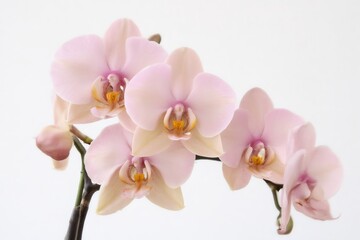 Delicate pink Phalaenopsis orchid blooms on stem against white backdrop