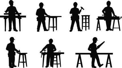 Silhouette of construction workers using tools and working with wood on site, carpentry and craftsmanship concept in industrial environment