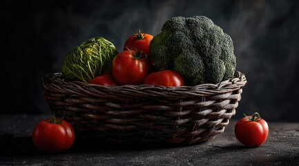 Still life of fresh vegetables in a wicker basket
