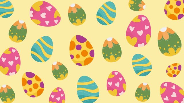 Pattern of decorated easter eggs on a yellow background. Ideal for easter themed designs, spring celebrations, festive decorations, and seasonal projects.