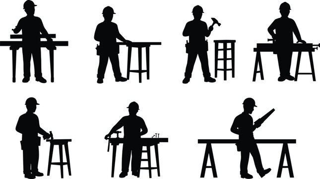 Silhouette of construction workers using tools and working with wood on site, carpentry and craftsmanship concept in industrial environment - Powered by Adobe