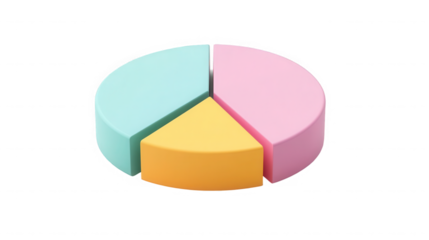 A colorful pie chart with three sections in light blue yellow and pink on a black background on transparent background