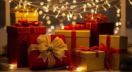 Festive christmas presents wrapped in red and gold ribbon illuminated by warm twinkling fairy lights