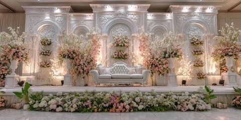 Elegant white wedding stage adorned with abundant pastel flowers