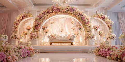 Elegant floral wedding stage in a lavish ballroom