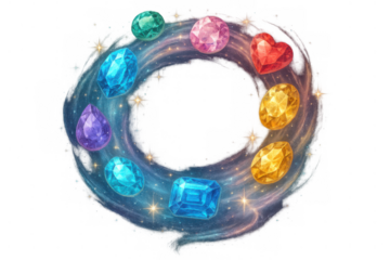 Colorful fantasy gems arranging in magic circle, sparkling jewels and crystals forming mystical galaxy ring