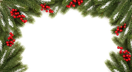 Christmas Frame Border Evergreen Branches with Red Berries, White Background