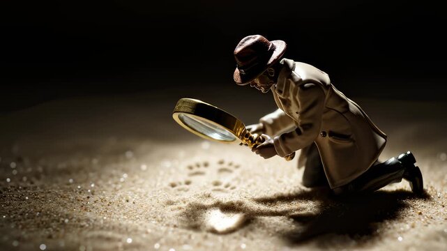 Detective Inspects Footprints With Magnifying Glass on Sand Surface