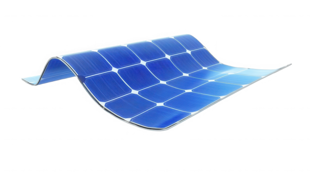 A slightly curved blue solar panel with white grid lines on a black background in studio lighting on transparent background