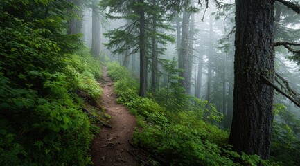 Fototapeta premium Misty mountain trail winding through lush green forest