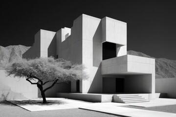 Modernist concrete house in desert landscape.  Monochrome, strong shadows.  Geometric forms, minimalist style,  tree in foreground