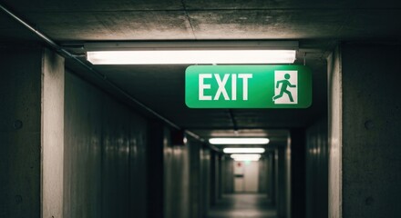 Green exit sign illuminates a dark, narrow corridor