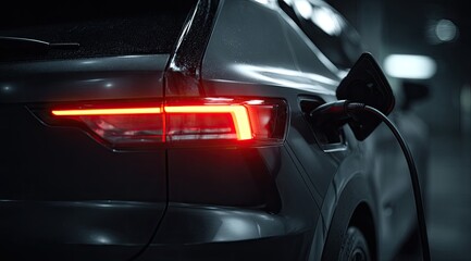 Electric vehicle charging in dark garage.  Rear view.  Red taillights illuminated