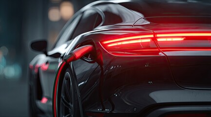 Electric car charging at night.  Glossy black EV rear view