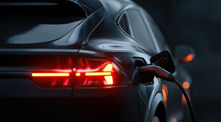 Dark EV charging.  Rear view of a sleek, modern electric vehicle (EV) plugged into a charging station at night.  The car's taillights glow amber-red.  Focus on the rear end and charging port