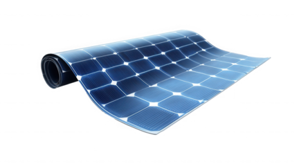 A partially rolled up flexible solar panel on a black background showing its square cell structure on transparent background