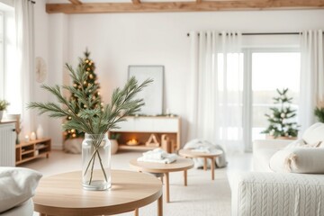Cozy winter living room with Christmas tree and festive decor