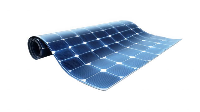 A partially rolled up flexible solar panel on a black background showing its square cell structure on transparent background