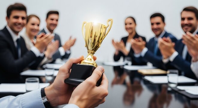 Victory Gold trophy celebrated by a teams success with work well done.