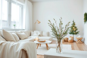 Fototapeta premium Cozy bright living room with Christmas tree and soft sofa