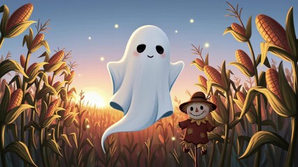 Charming Ghost and Scarecrow in a Moonlit Cornfield with Fireflies, Halloween Atmosphere - Powered by Adobe