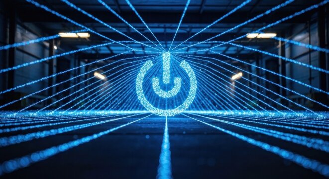 Lit power button made of dots at the end of a tunnel of blue lines