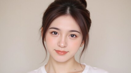 Young Asian woman with bun hairstyle poses in front of neutral background