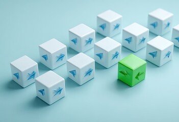 A single, lime-green cube,  distinct from surrounding white cubes, all showing blue arrow symbols