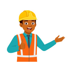 Friendly African American Construction Worker Giving a Thumbs Up and Presenting