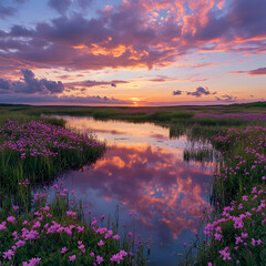 A vibrant sunset scene of wetlands blanketed with blooming wildflowers, soft fluffy clouds floating low across a pink-golden sky, shallow reflective pools mirroring the sky,