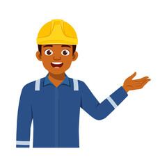 Smiling African American Construction Worker in Blue Uniform and Yellow Hard Hat Presenting Information