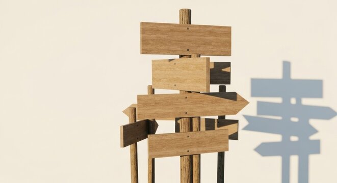 Multiple weathered wood signpost pointing different directions, casting shadow