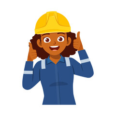 Happy African American Female Engineer Giving Thumbs Up Wearing Yellow Hard Hat and Blue Uniform