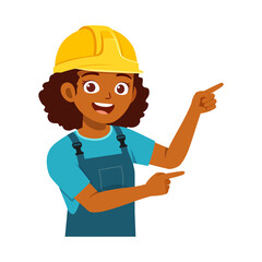 African American Woman with Hard Hat and Overalls Smiling and Pointing Fingers Sideways
