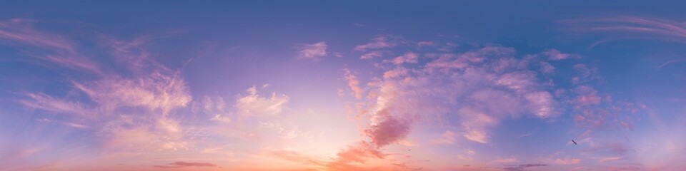 Sunset sky with bright glowing pink Cirrus clouds. Seamless spherical HDR 360 panorama. Full zenith or sky dome in 3D, sky replacement for aerial drone panoramas. Climate and weather change.