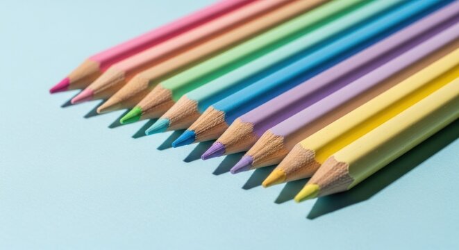 Pastel pencils in rainbow order on light blue background, close-up, sharp tips